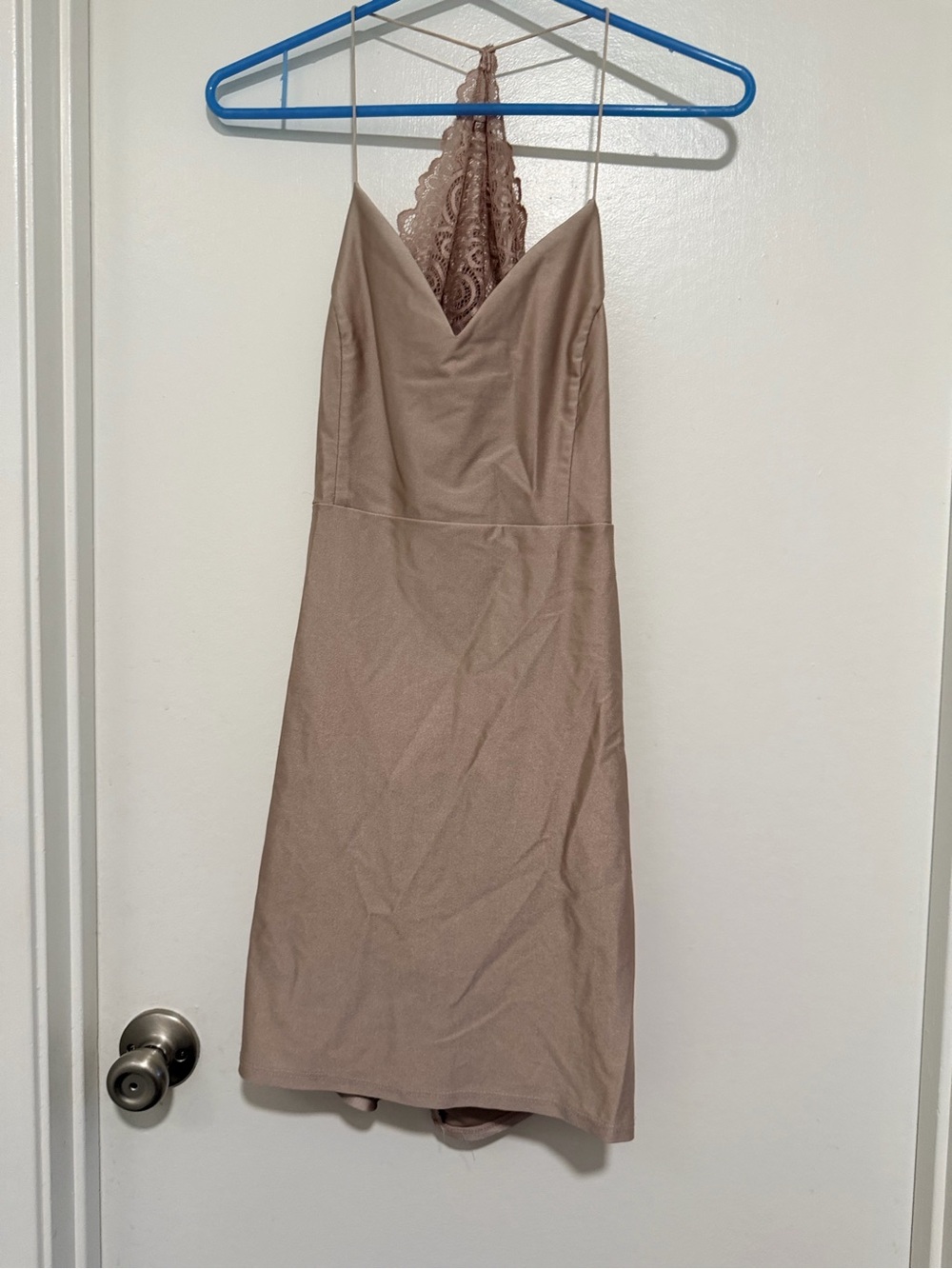 Lace-Back Mini Slip Dress in Taupe